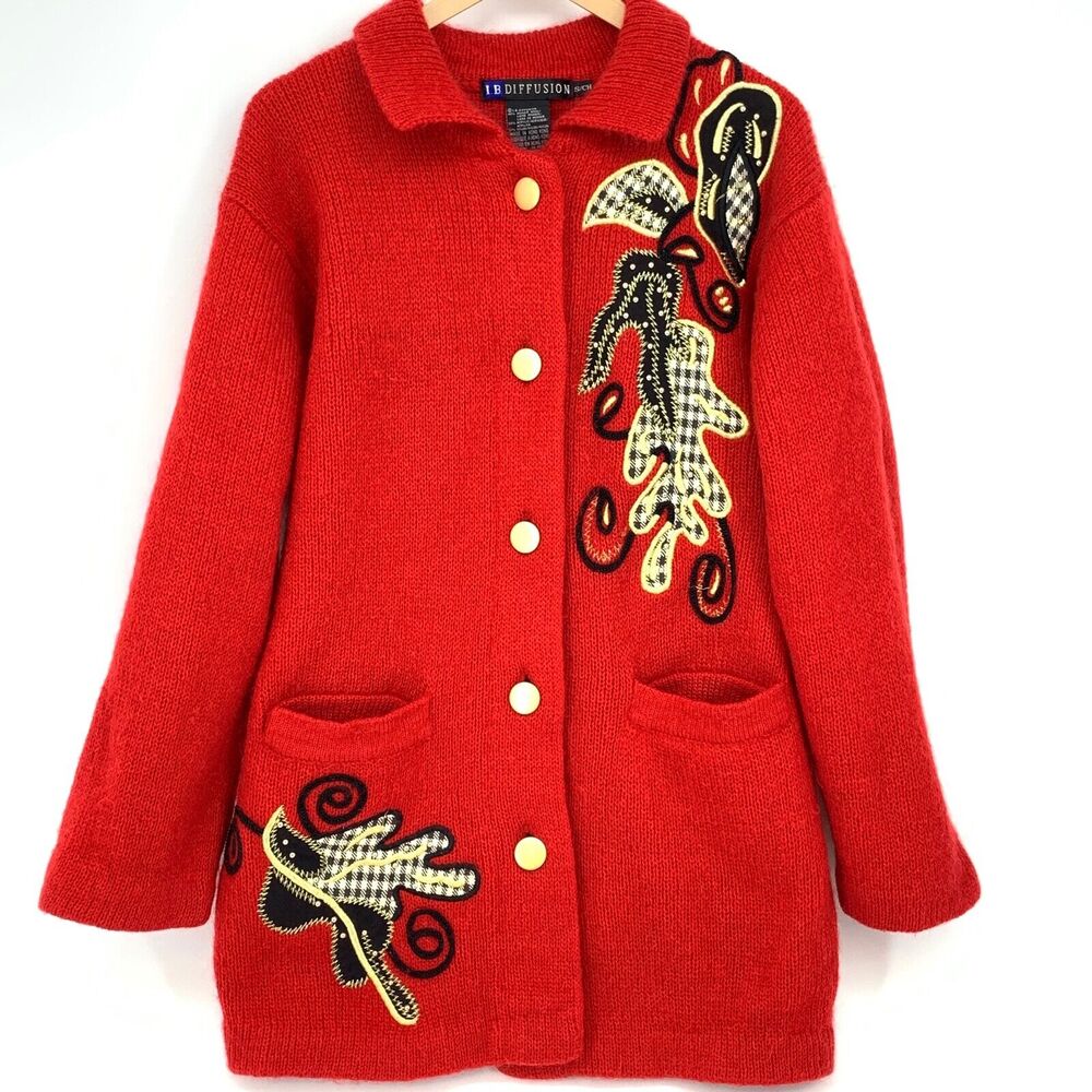 I.B. Diffusion Vintage Mohair Cardigan Sweater Coat Jacket Applique Size S